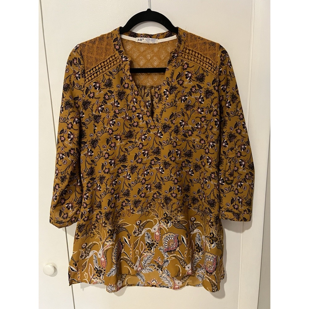 Jolt Shirt Womens Mustard Floral Lace Back Vneck Boho 3/4 Sleeve Chiffon